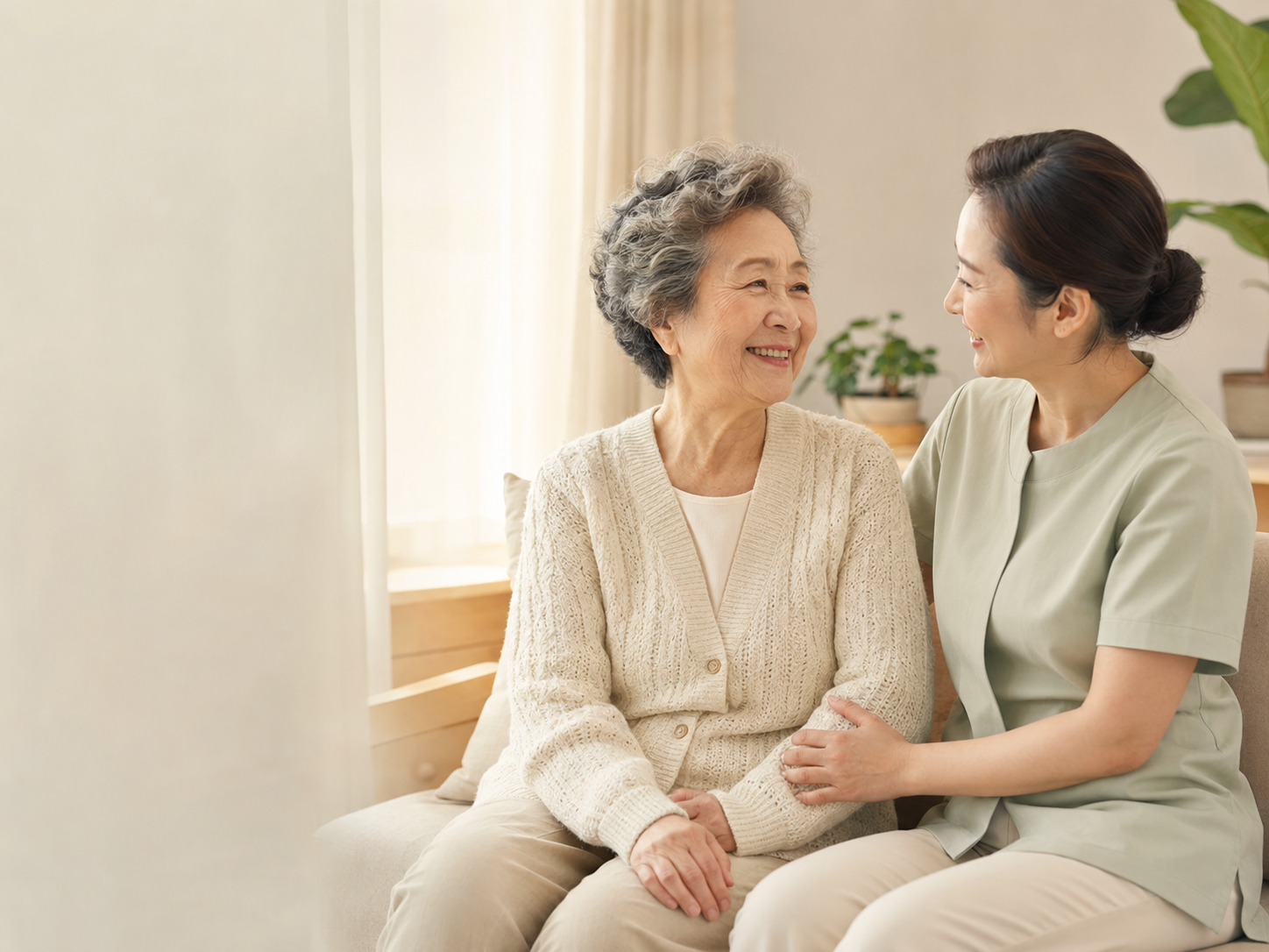 밝은 가정에서 어르신과 따뜻하게 대화하는 요양보호사